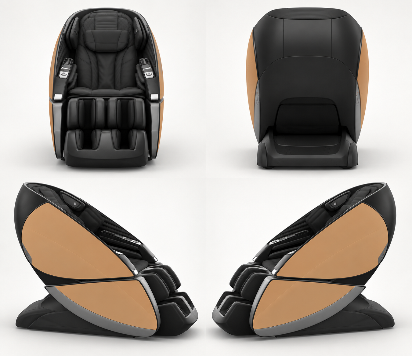 Black and brown Human Touch Super Novo X massage chair shown from four angles